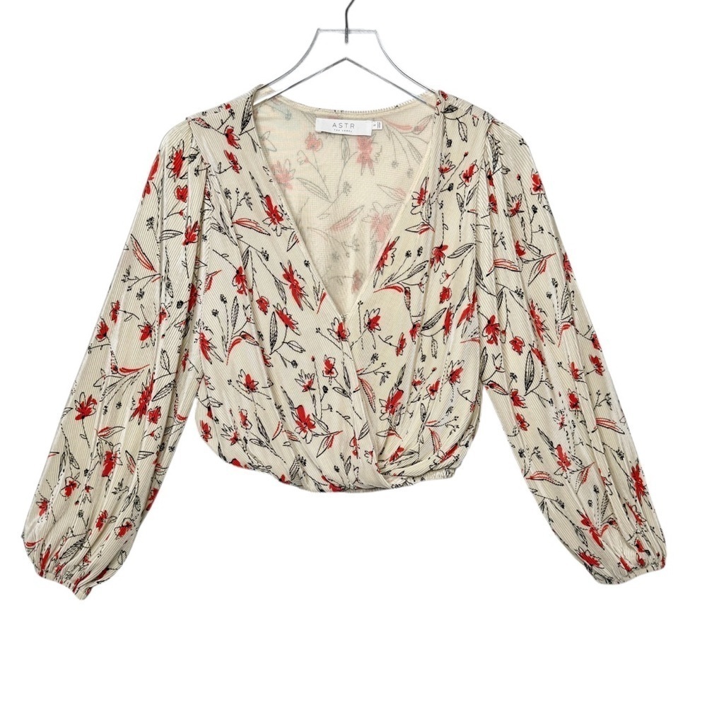 ASTR Cream Surplice Pleated Women’s Faux Wrap Cropped Blouse Sz S
